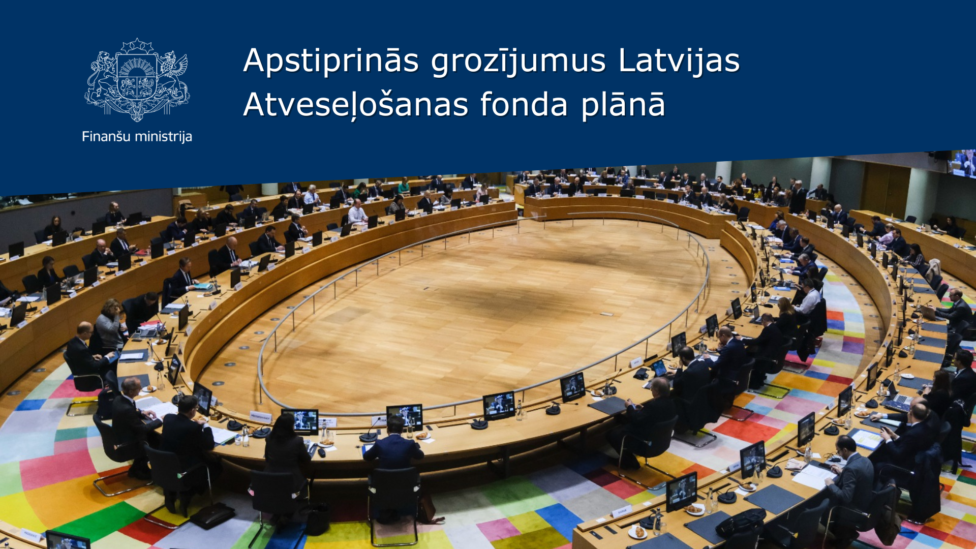 Attēls: ECOFIN kopbilde ar tekstu "Apstirpinās grozījumus Latvijas Atveseļo&scaron;anas fonda plānā"