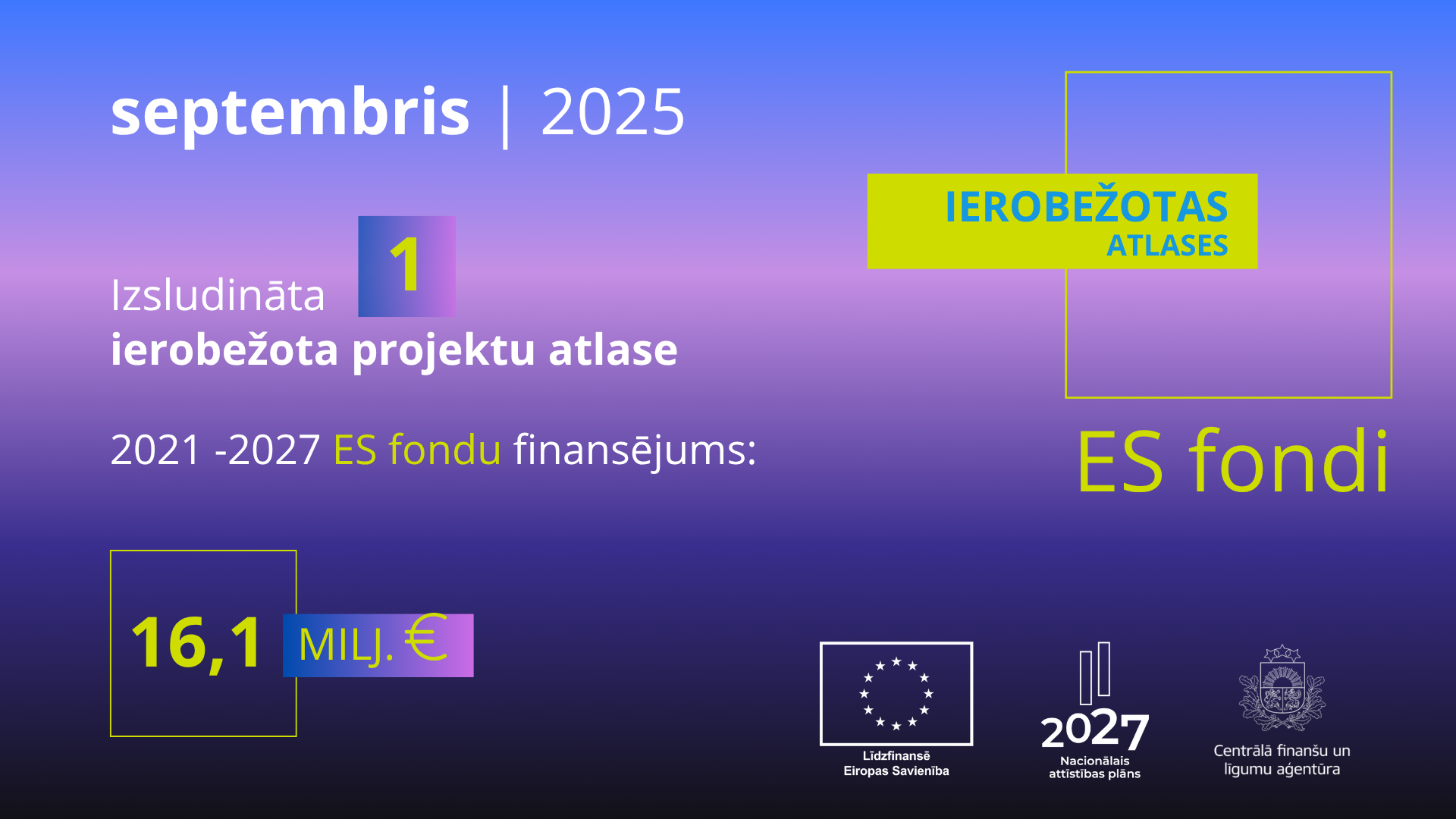 Septembrī izsludināta viena ierobežota ES fondu projektu atlase par 16,1 miljonu eiro