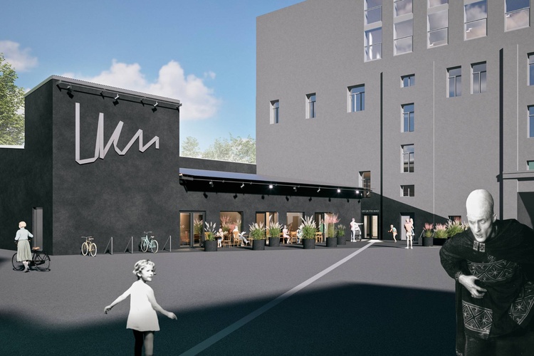 Latvijas Kino muzeja vizualizācija ar vairākiem tēliem