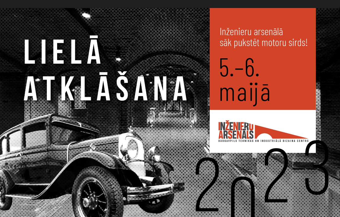 Afi&scaron;a ar retro auto un tekstu "Lielā atklā&scaron;ana" 5.-6. maijā