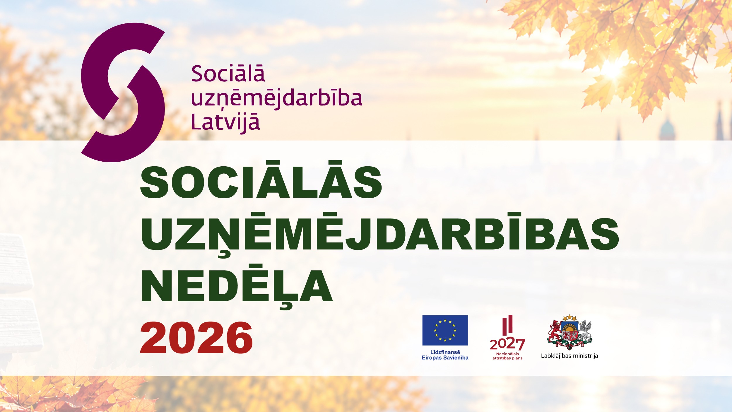 Vizualizācija ar rudenīgu ainavu un uzrakstu "Sociālās uzņēmējdarbības nedēļa 2026"