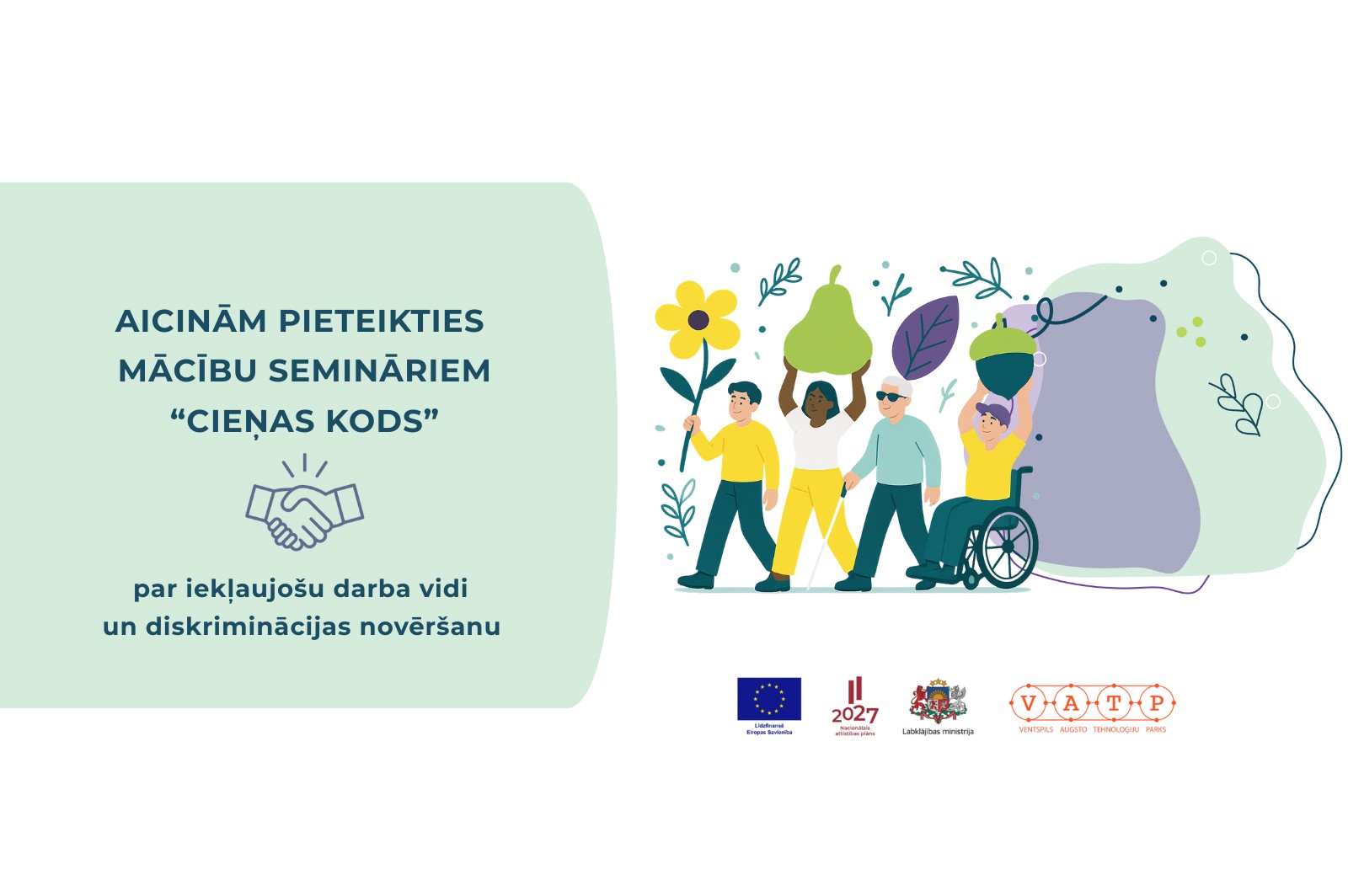 Zīmējums ar četriem dažādiem cilvēkiem dodoties vienā virzienā. Fonā uzraksts "Aicinām pieteikties mācību semināriem "Cieņas kods""