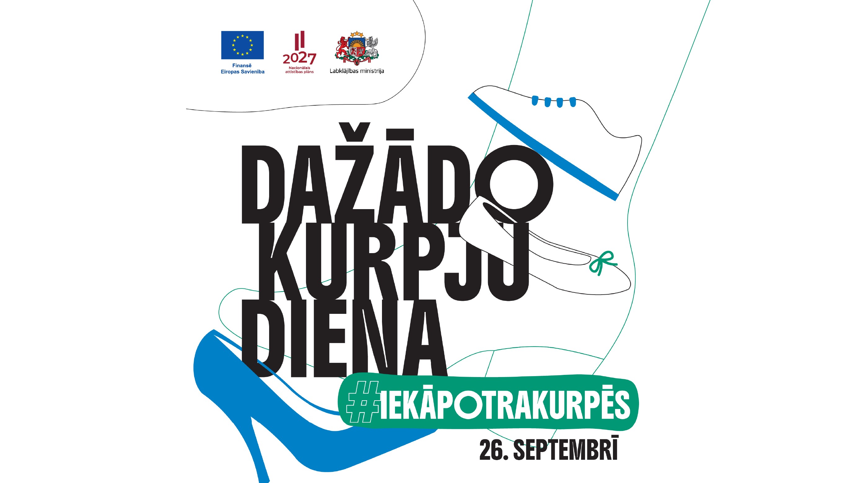 Uzzīmētas dažādas kurpes un uzraksts "Dažādo kurpju diena 26. septembrī #iekāpotrakurpēs"