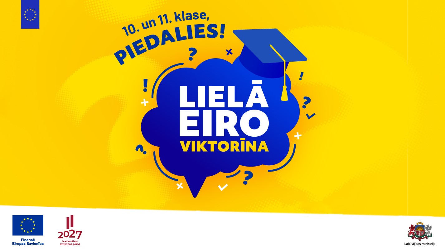Zils mākonis ar studenta cepuri uz dzeltena fona. Uzraksts "10.-11. klase, piedalies! Lielā Eiroviktorīna". Apak&scaron;ā ES fondu un Labklājības ministrijas logotipi.