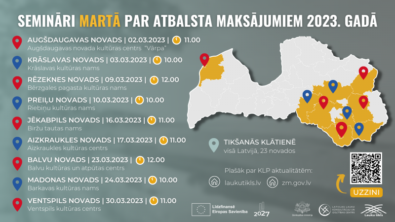 Reģionālajos semināros visā Latvijā informē par atbalsta maksājumiem lauksaimniekiem un lauku uzņēmējiem 2023. gadā - SEMINĀRU NORISES GRAFIKS