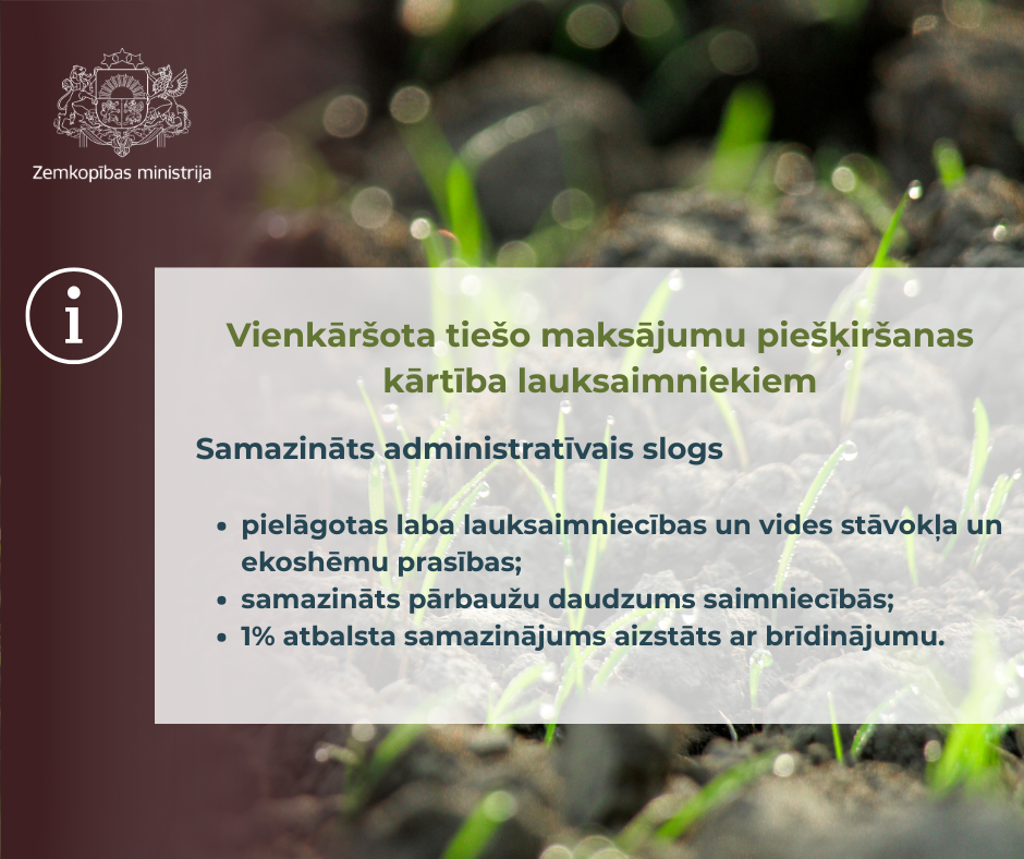 Vienkār&scaron;ota tie&scaron;o maksājumu pie&scaron;ķir&scaron;anas kārtība lauksaimniekiem, samazinot administratīvo slogu
