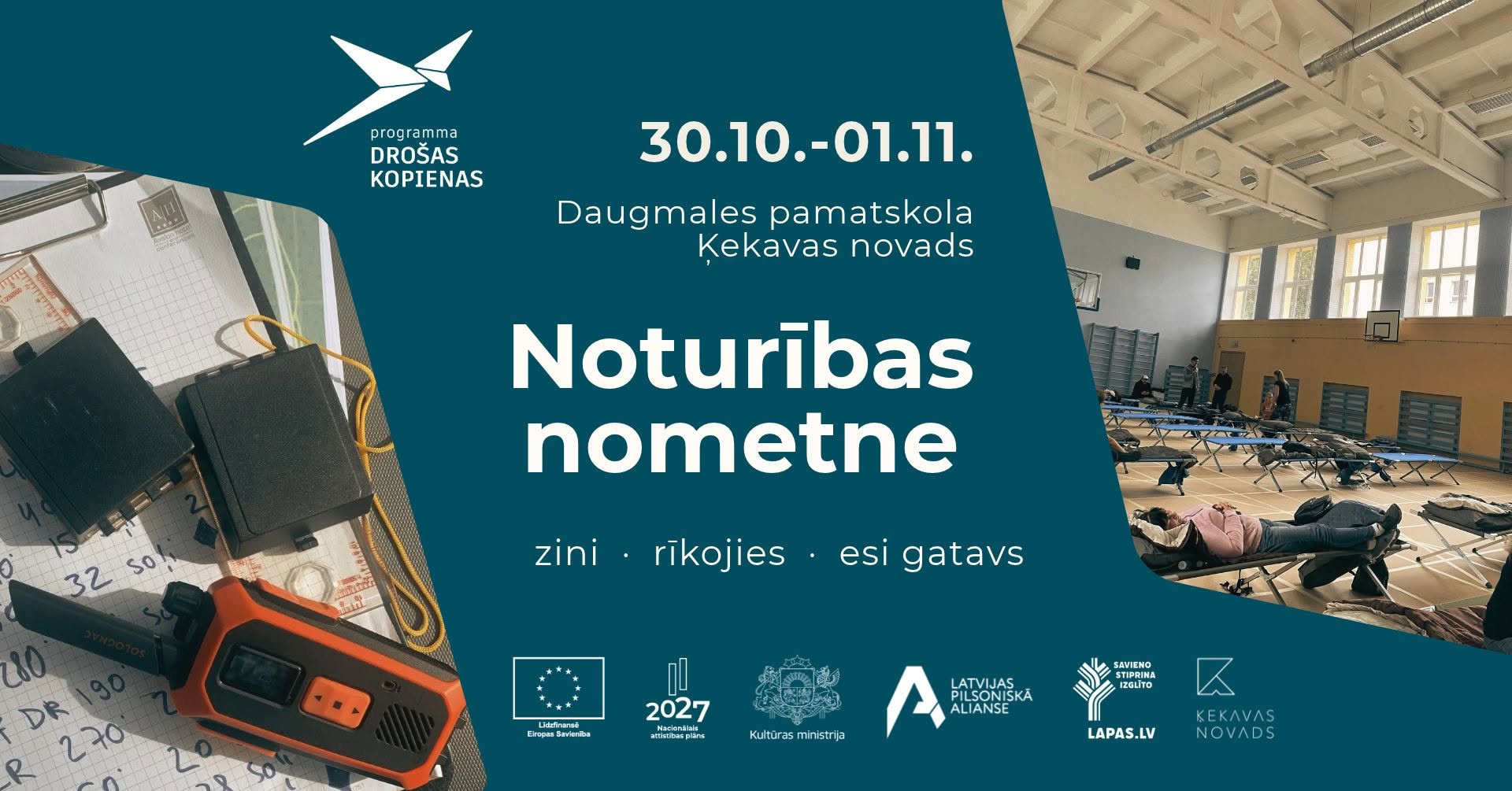 Nometnes afiša ar galveno informāciju, logo un diviem attēliem - ar skolas sporta zāli un elektrības mērītāju