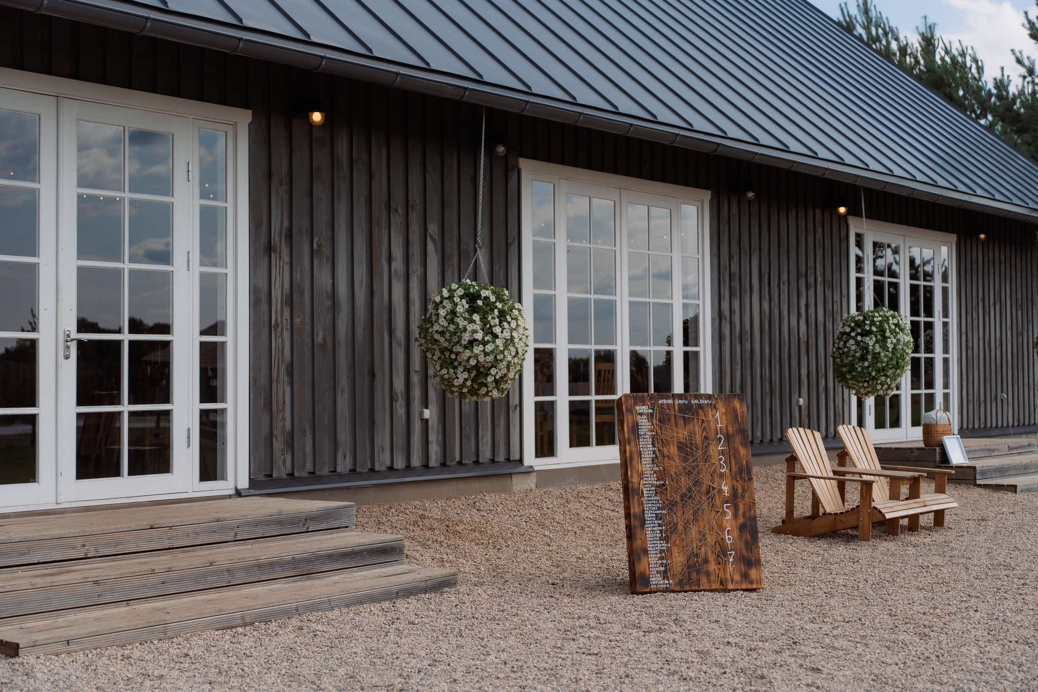 Pelēkas ēkas sānu siena ar ieeju, trepītēm, baltiem logiem, koka informatīvo dēli un diviem krēsliem