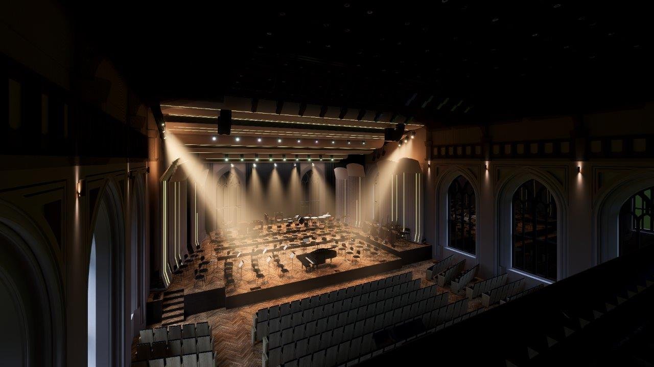 Lielās ģildes zāle no balkona naktī