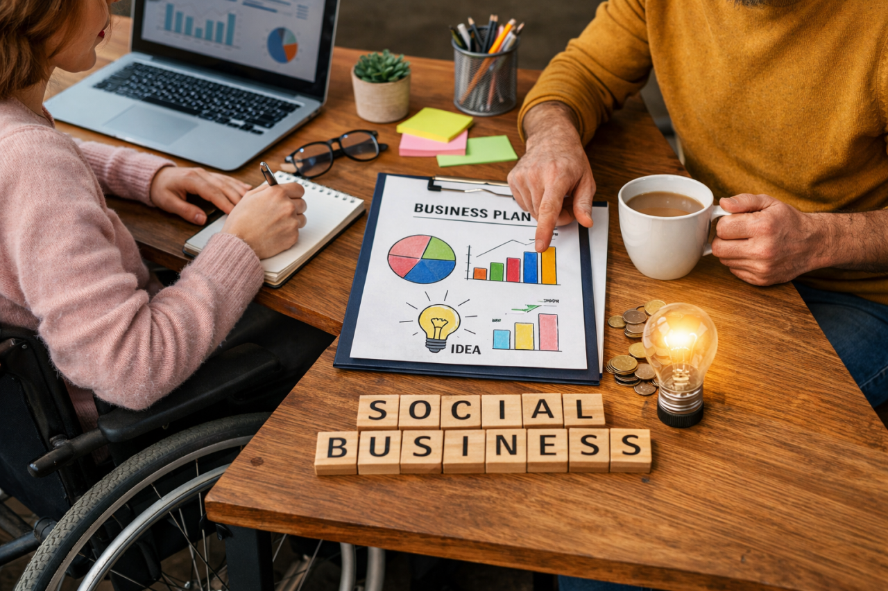 divi cilvēki, meitene ratiņkrēslā un vīrietis oranžā džemperī, pie darba galda spriež par biznesa plānu.