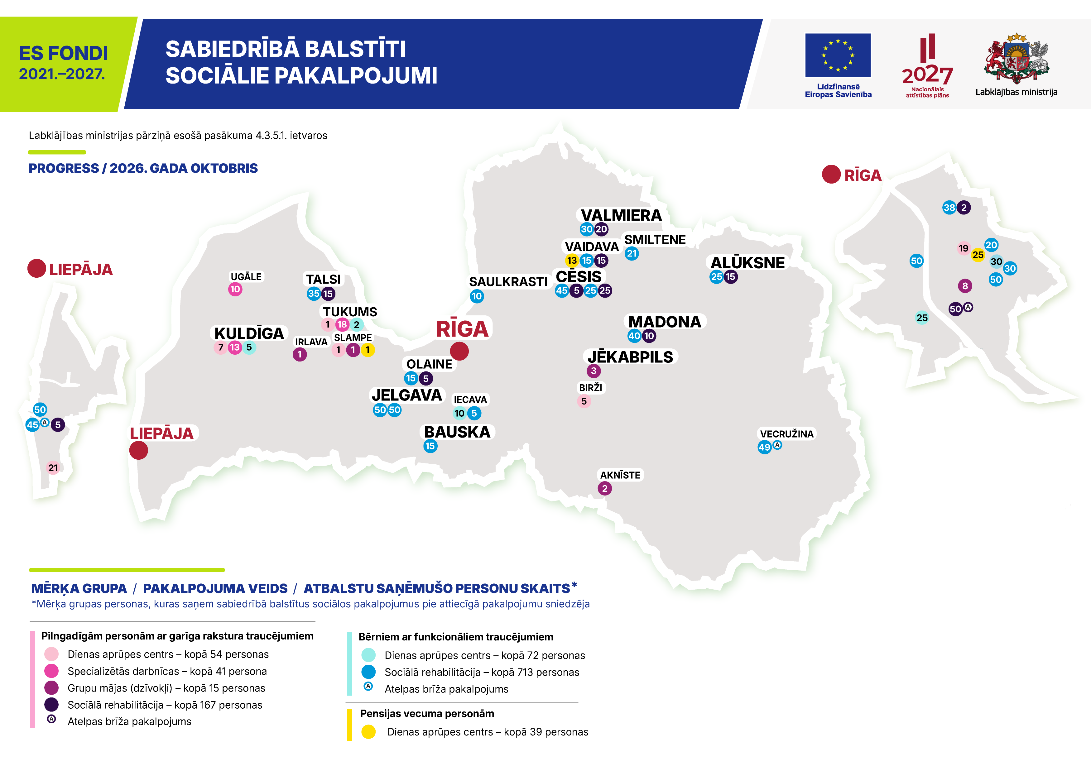 Sabiedrībā balstītu sociālo pakalpojumu sniegšanas vietu izvietojums uz Latvijas kartes