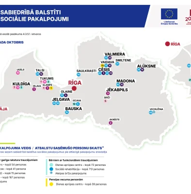 Sabiedrībā balstītu sociālo pakalpojumu sniegšanas vietu izvietojums uz Latvijas kartes