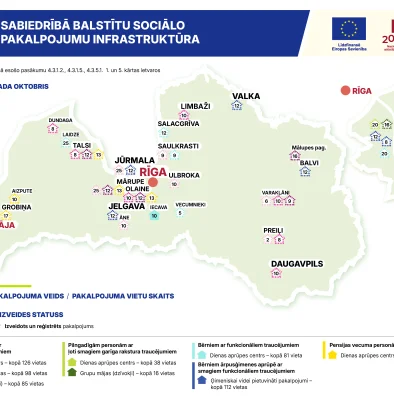 Sabiedrībā balstītu sociālo pakalpojumu no jauna veidojamās infrastruktūras izvietojums uz Latvijas kartes