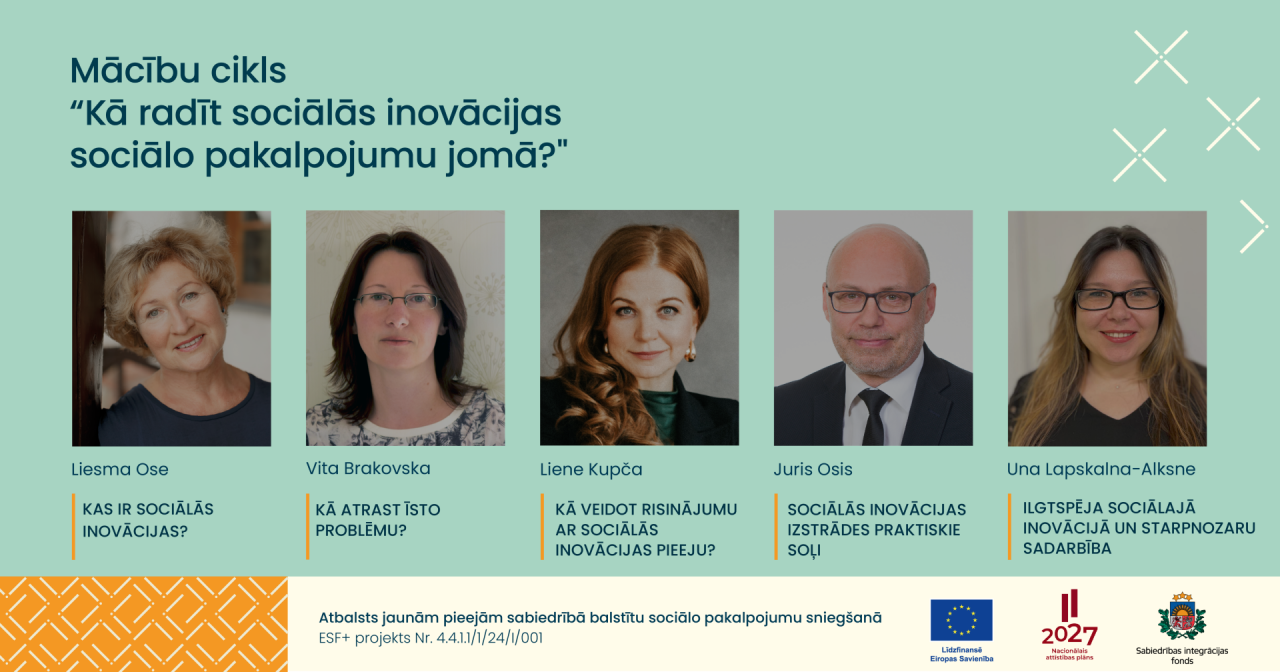 Afiša: piecu cilvēku portreti un uzraksts 