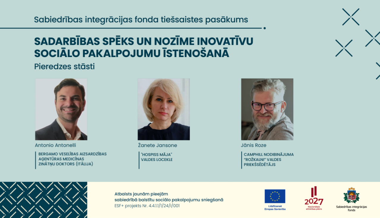 Afiša ar trīs cilvēku portretiem un uzrakstu 