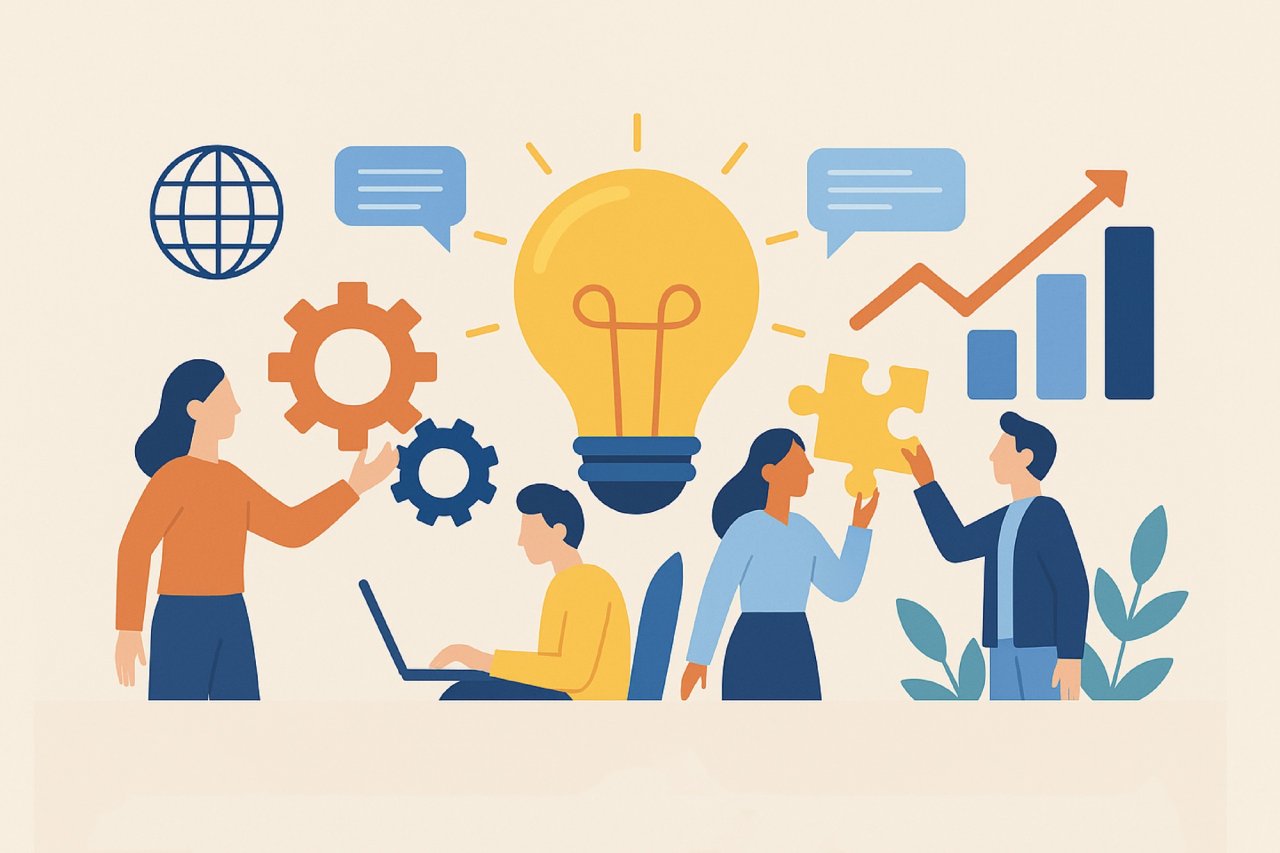 Grafisks attēls: vairāki cilvēki un elementi mijiedarbībā