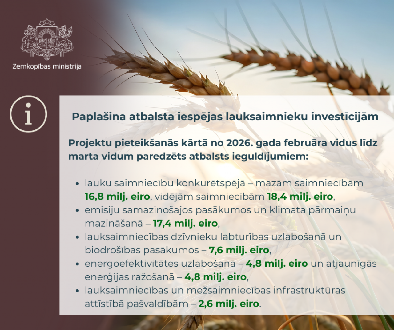 Paplašina atbalsta iespējas lauksaimnieku investīcijām