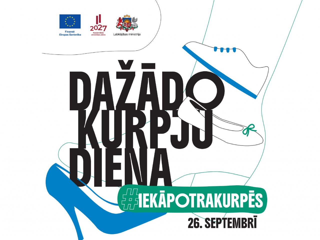 Uzzīmētas dažādas kurpes un uzraksts 