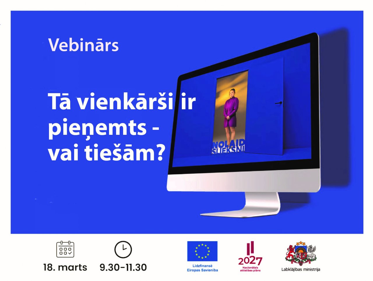 Datora ekrāns uz zila fona ar stāvošu slaidu sievieti ekrānā. Blakus uzraksts 